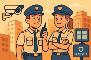 Dos agentes de seguridad urbana con radio y cámara, protegiendo ciudad moderna vigilada.