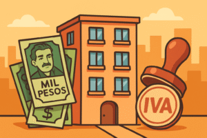 Edificio, billetes de mil pesos y sello IVA representan inversión inmobiliaria y carga tributaria en Colombia.