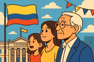 Familia colombiana celebra unidad y orgullo nacional frente al Congreso con bandera ondeante.