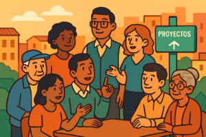 Grupo diverso colaborando en proyectos comunitarios con ambiente urbano cálido y animado.