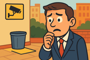 Hombre preocupado bajo cámara de seguridad junto a bote de basura en ciudad colorida.