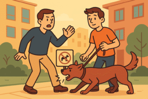 Hombres discuten en parque por perro agresivo sin correa junto a señal de prohibición.