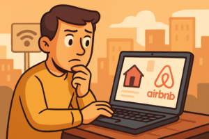 Joven planificando alojamiento en Airbnb desde casa con fondo urbano cálido al atardecer.