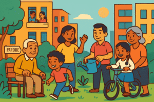 Personas de todas las edades disfrutando un día alegre en parque comunitario rodeado de naturaleza.