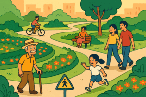 Personas disfrutando al atardecer un parque colorido con flores y caminos.