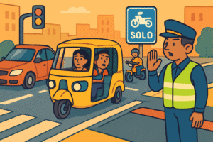 Policía controla tráfico en intersección con auto-rickshaw, motos y carril exclusivo para bicicletas.