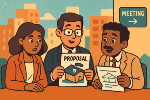 Reunión profesional analizando propuesta inmobiliaria con gráficos de casa, colaboración y estrategia.