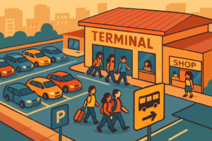 Terminal de transporte al atardecer con vehículos y pasajeros caminando hacia la entrada.