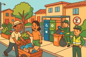 Vecinos y trabajadores reciclan juntos en barrio sostenible y limpio con contenedores diferenciados.