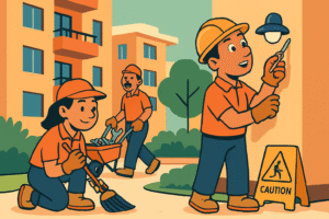 Equipo de mantenimiento urbano limpiando y reparando en conjunto residencial con señalización de seguridad.