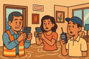 Familia coordinando ayuda con teléfonos y radio en inundación dentro de su hogar.