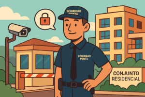 Guardia de seguridad en conjunto residencial con vigilancia CCTV y ambiente seguro y amigable.