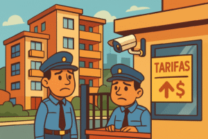 Guardias preocupados por aumento de tarifas en acceso a comunidad urbana con vigilancia.