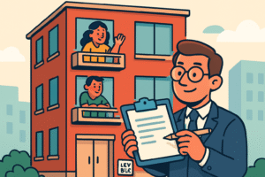 Hombre profesional y vecinos sonrientes en edificio rojo, promoviendo comunidad y gestión urbana.