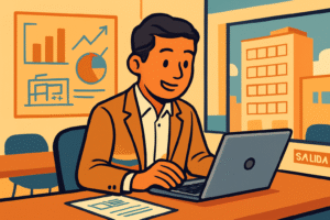 Hombre trabajando en oficina moderna con laptop, gráficos y vista urbana profesional.