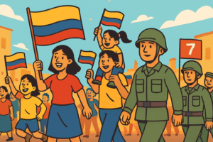 Marcha patriótica en Colombia con familias y soldados ondeando banderas tricolores y alegría.