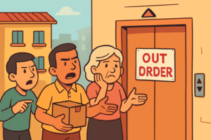 Tres personas frustradas frente a ascensor fuera de servicio en zona residencial soleada.