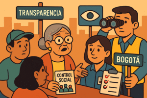 Vecinos de Bogotá discutiendo control social y transparencia para fortalecer la vigilancia ciudadana.