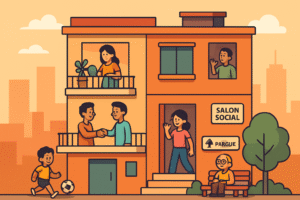 Vecinos disfrutan, niños juegan fútbol y comunidad vibrante en edificio social moderno al atardecer.