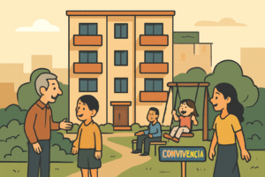 Vecinos felices compartiendo juntos en parque urbano frente a edificio residencial.