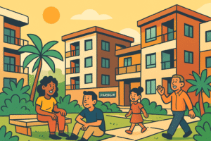 Vecinos felices conviviendo en barrio moderno con jardines y edificios coloridos al sol.